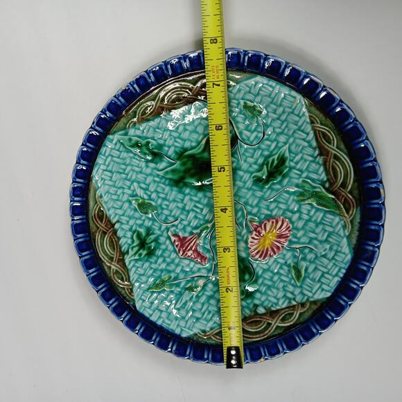 Vintage Majolica Plate with Morning Glory Circa 1900 Green and Blue 7.75" diam - Picture 8 of 8